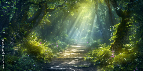 Enchanted forest pathway  a mystical wallpaper featuring a magical forest pathway bathed in soft light.