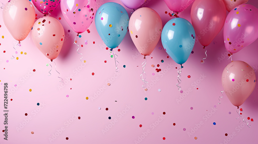Flat lay balloons and confetti graphic banner with copyspace