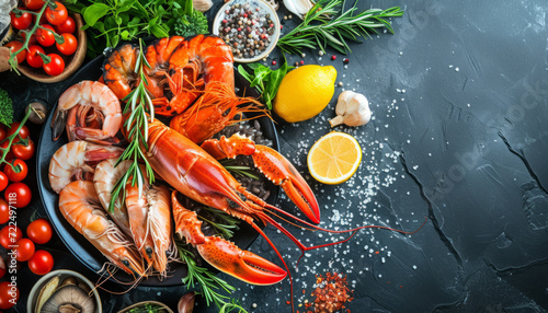 Lobster dish with shrimp in sauce and vegetables. Seafood dish on a dark background.