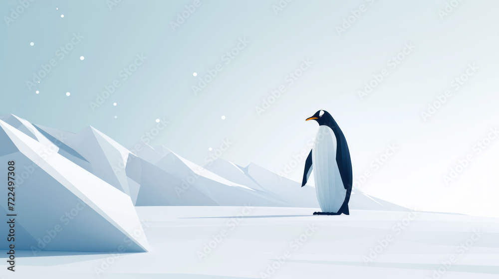 Obraz premium a penguin standing on top of a snow covered hill next to a pile of snow drifting up against a blue sky.
