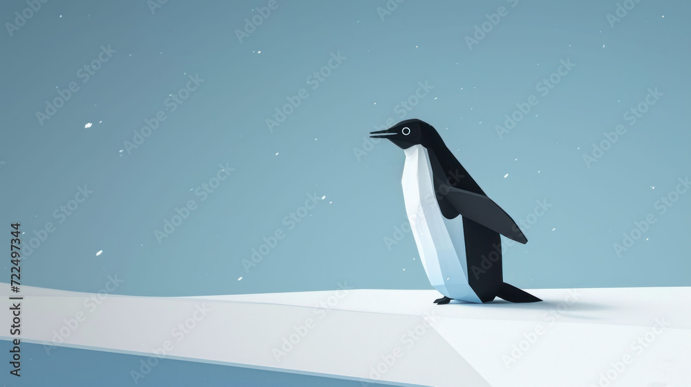 Fototapeta premium a black and white penguin standing on top of a snow covered hill under a blue sky with snow flakes.