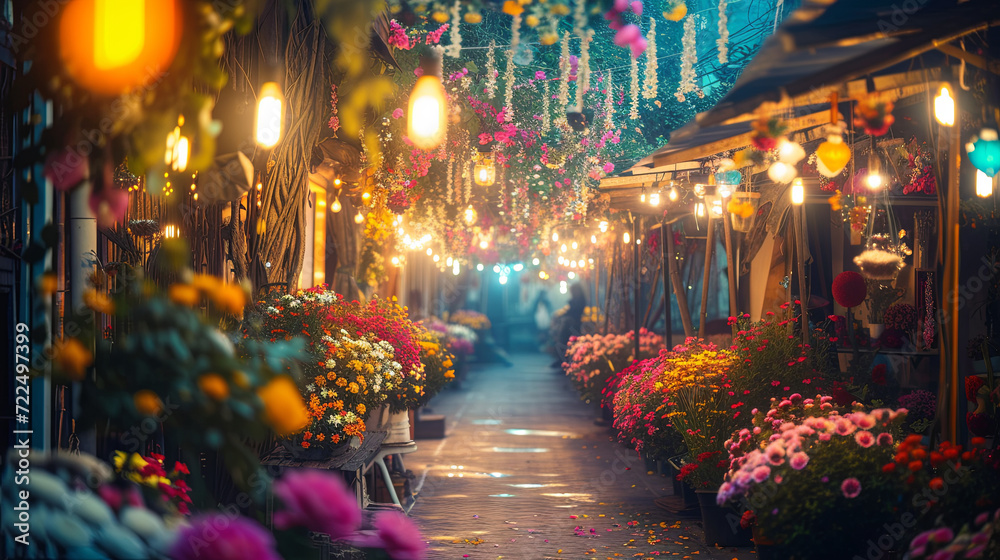 A flower market in an alley at night with pretty lanterns 