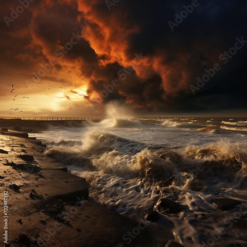 Stormy sea at sunset. 3d rendering. Computer digital drawing.