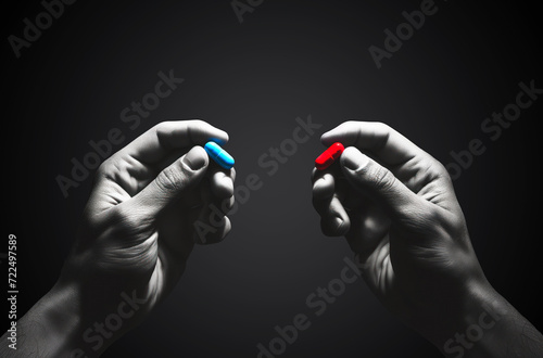 Choice concept with red and blue pills in hands, decision making symbol photo