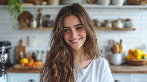 Beautiful young woman preparing breakfast in a white kitchen