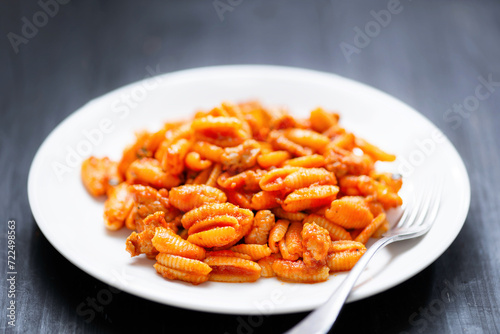 Obraz na płótnie gnocchetti pasta in sausage tomato sauce w salonie