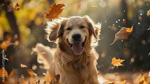 Happy dog play with autumn leaves in public park wallpaper background