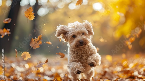 Happy dog play with autumn leaves in public park wallpaper background