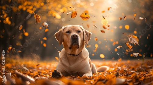Happy dog play with autumn leaves in public park wallpaper background