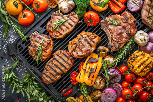 Variety of colorful meats and vegetables on the grill, May, food concept, generative ai