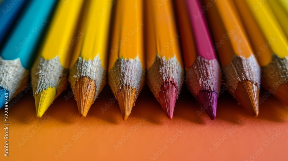 Colored pencils lie in a row on a bright minimalistic background Colored pencils lie in a row on a bright minimalistic background