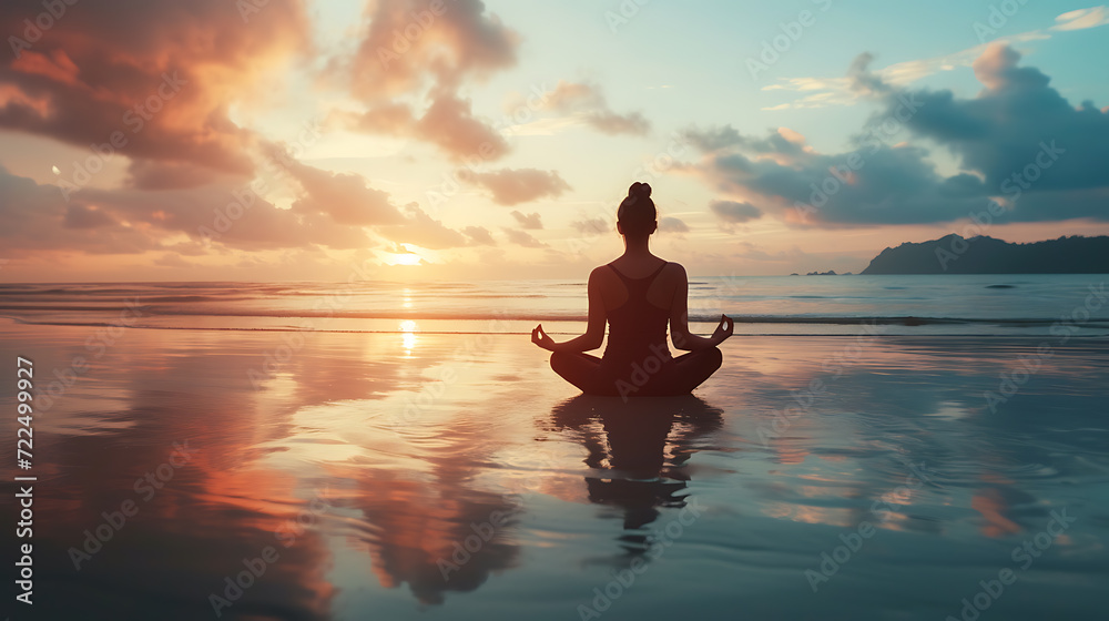 A serene yoga practitioner sits cross-legged on a tranquil beach, meditating peacefully as the sun rises, creating a captivating cinematic scene.