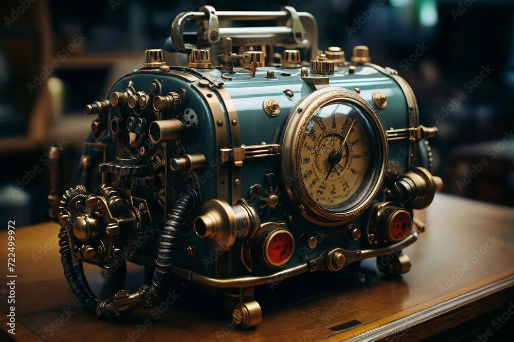 retro hybrid of a mechanical and analog device for industrial and scientific research and measurements, close-up of the object, the concept of tube electronics in the style of steampunk
