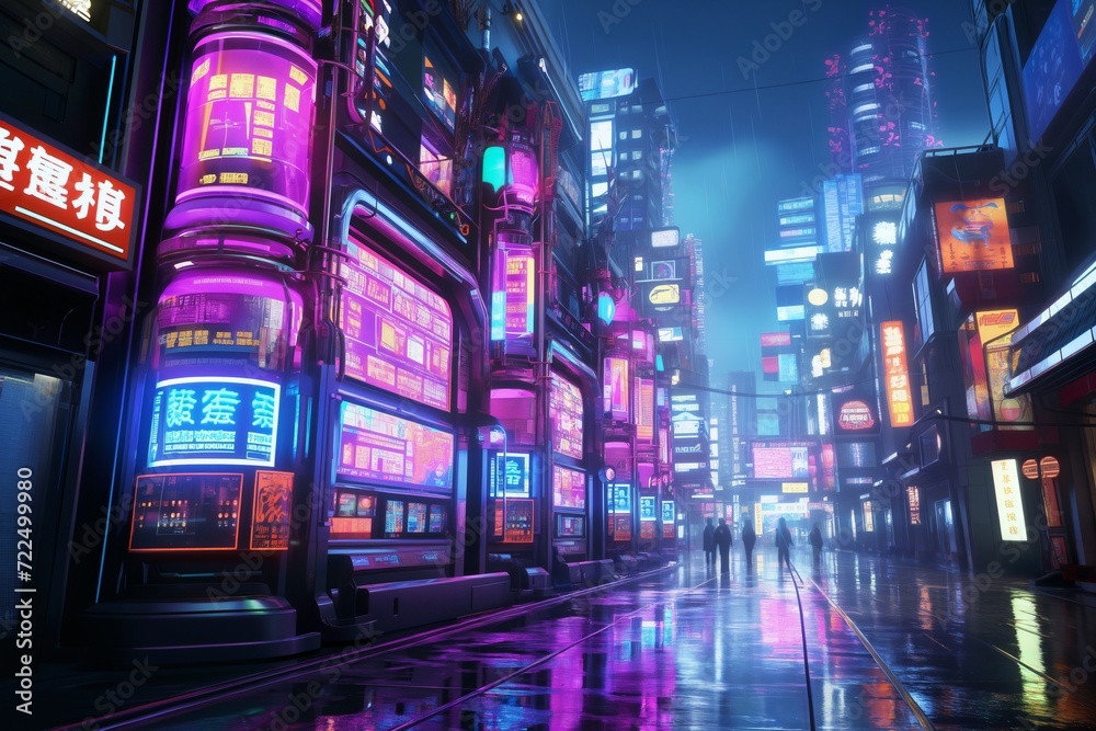 futuristic asian metropolis, city street with people at night, streetlights, illumination