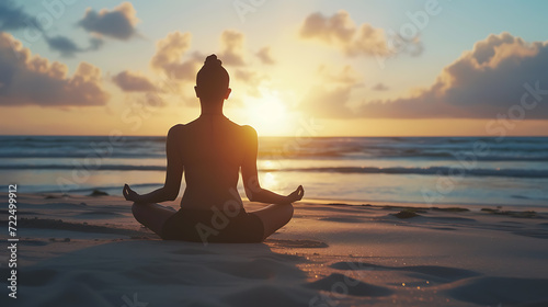 A serene yoga practitioner sits cross-legged on a tranquil beach, meditating peacefully as the sun rises, creating a captivating cinematic scene.