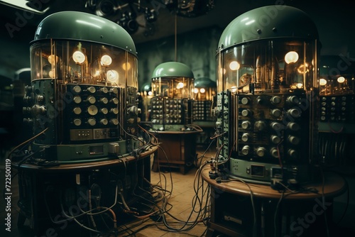 retro analog devices for industry and scientific research and measurements, in the interior of a factory laboratory, the concept of retro futurism lamp electronics