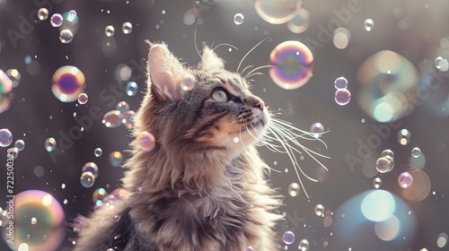 Happy cat pet catching soap bubble outside garden wallpaper background