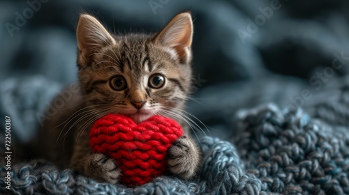 Cute kitten holding a red knitted heart in his hands