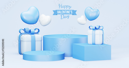 Valentine's Day interior, balloons. Stand, podium, blue background with product display and Heart. Love greeting card, poster with blue gift boxes, presents - 3d rendering