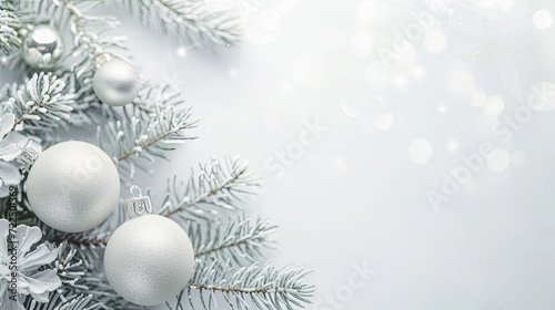 Pretty white snow and pine tree branch  with fairy lights  Christmas graphic banner with copyspace