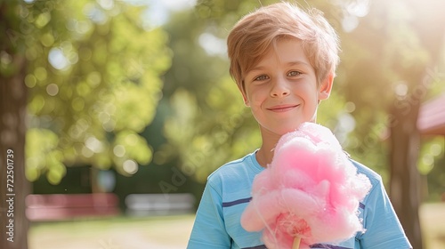 Happy children eating cotton candy in amusement summer park wallpaper background