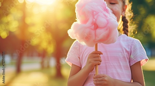 Happy children eating cotton candy in amusement summer park wallpaper background photo