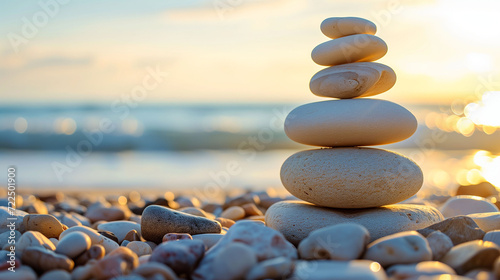 zen stones on the beach at sunset, concept of harmony and balance