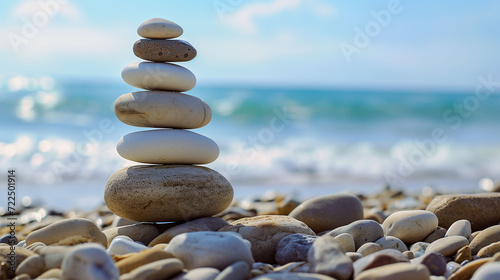 Pile of white stones on the beach at sunset. Zen concept
