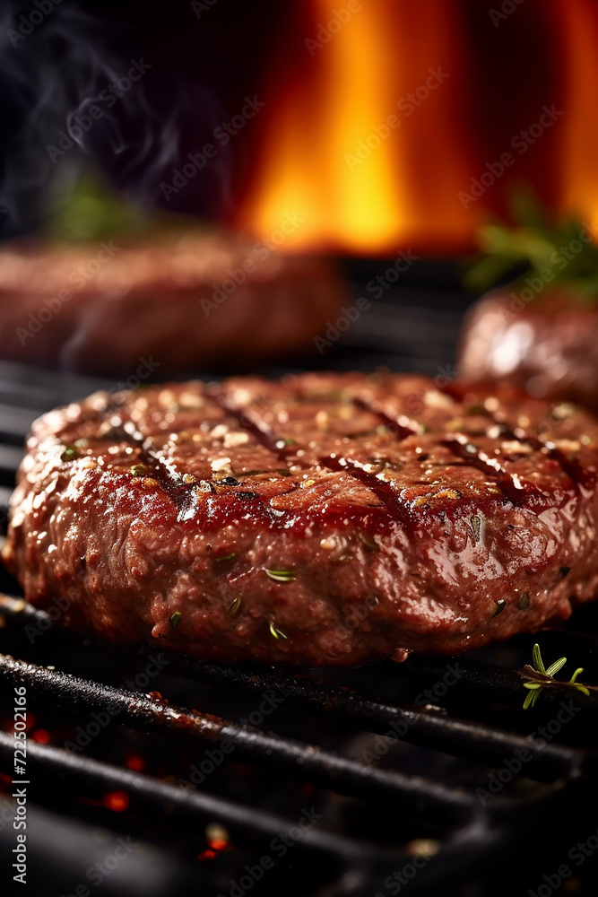 Juicy grilled steak sizzling on a barbecue with flames in background.