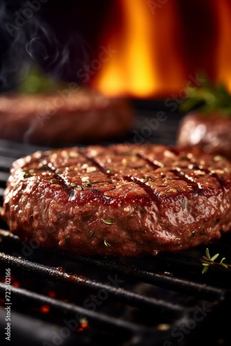 Juicy grilled steak sizzling on a barbecue with flames in background.