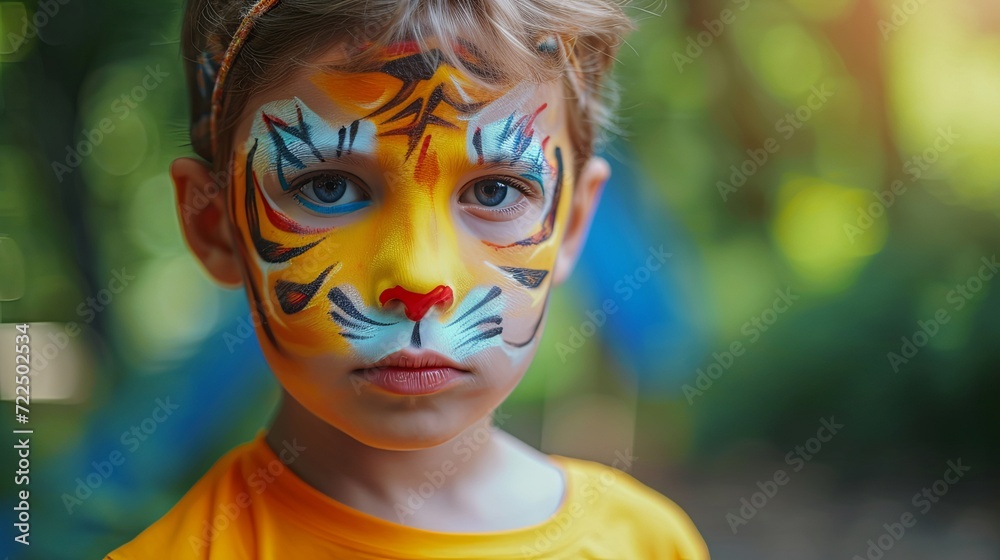 Happy children with painted face as jungle animals in amusement summer park wallpaper background