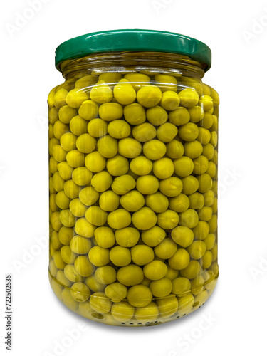 Pickled peas in glass jar with green cap isolated