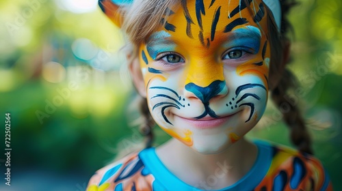 Happy children with painted face as jungle animals in amusement summer park wallpaper background