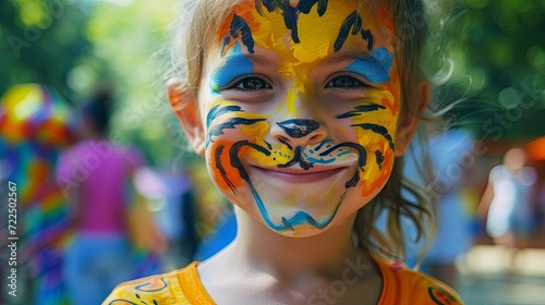 Happy children with painted face as jungle animals in amusement summer park wallpaper background photo