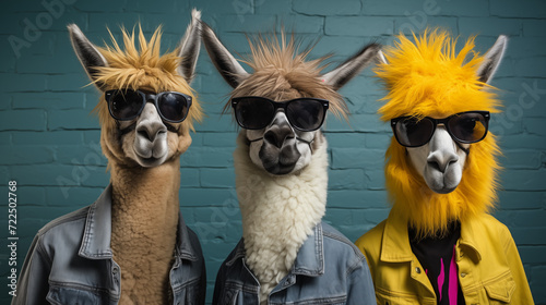 Funny alpaca team group dressed in punk style