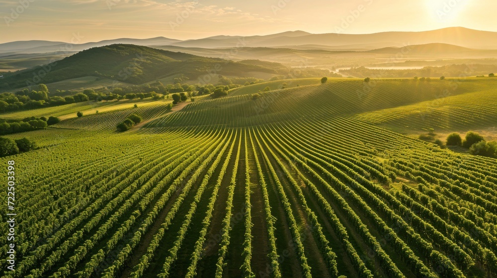  an aerial view of a vineyard with the sun shining on the hills in the distance and trees in the foreground.