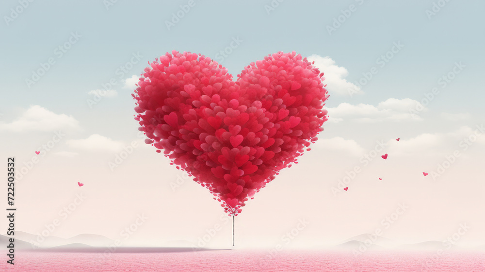 hermoso dibujo de un paisaje de fantasia con un gran corazón rojo formado con globos con forma de corazón, sobre fondo de paisaje imaginario con fondo de nubes y cielo azul, concepto san valentín