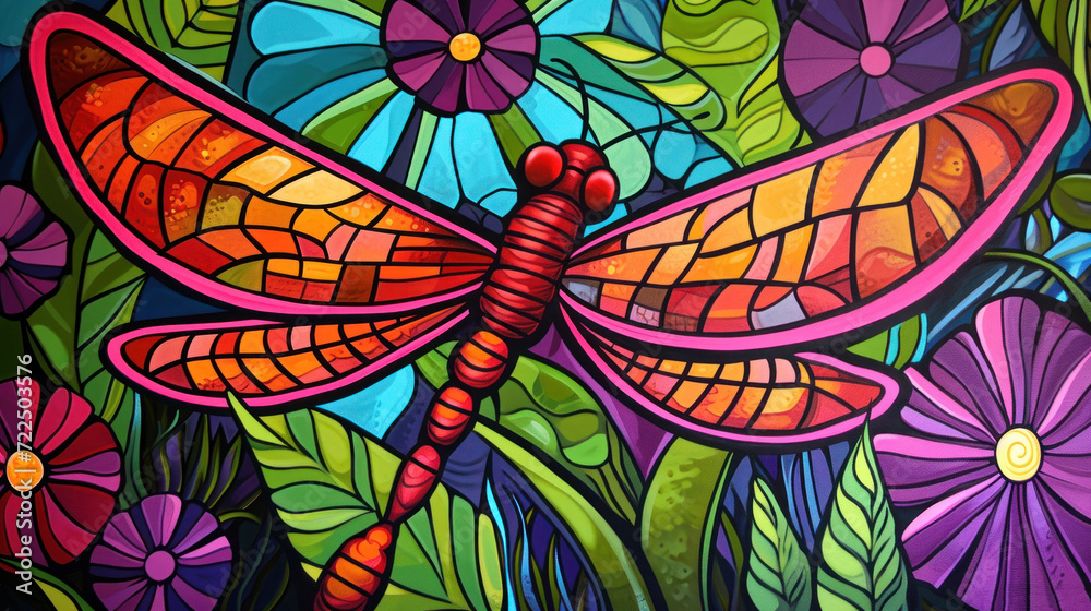  a painting of a dragonfly sitting on top of a flower filled field with purple daisies and green leaves.
