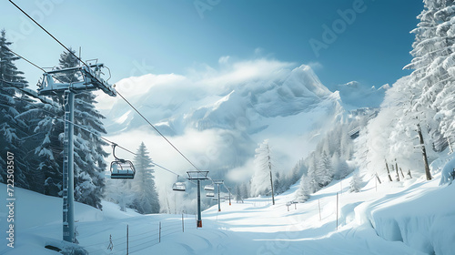 Majestic snowy ski resort nestled among towering mountains with ski lifts in action. Experience the thrill of winter sports in this picturesque location.