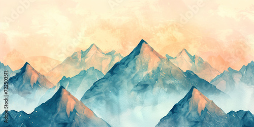 Watercolor mountain peaks, an artistic wallpaper featuring watercolor-style mountain peaks against a pastel sky. © Hunman