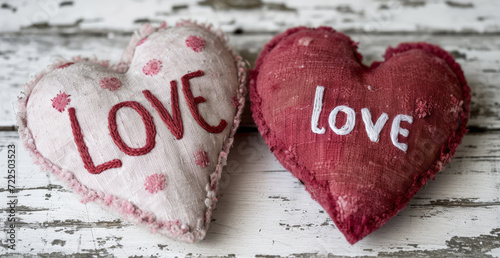 dos cojines con  forma corazones bordados juntos con la palabra love, sobre una superficie de madera envejecida, concepto san valentín photo