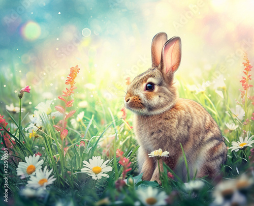 A cute little Easter bunny surrounded by fresh Spring flowers and colored Easter eggs. Creative decoration for Easter holidays