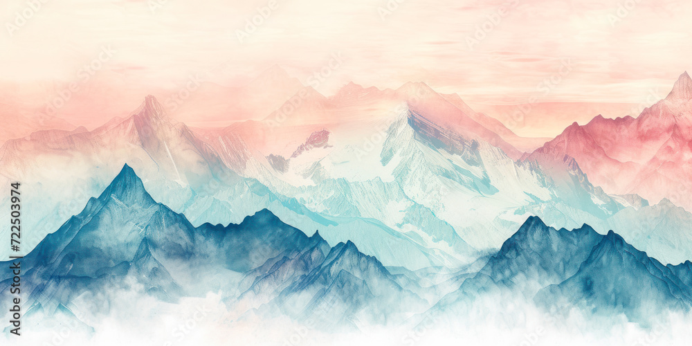 Watercolor mountain peaks, an artistic wallpaper featuring watercolor-style mountain peaks against a pastel sky. - obrazy, fototapety, plakaty 