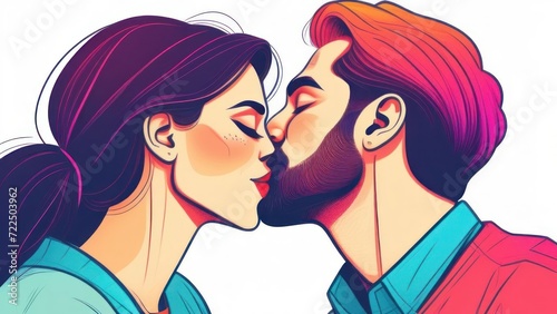 Pop Art couple kissing. Hollywood movies scene of true feelings between young people at first date. . High quality photo. Young couple, bright colors, the man kisses the girl on the nose, very