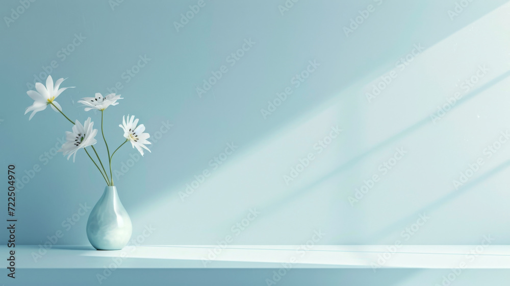 A few delicate white flowers placed in a sleek ceramic vase against a soft blue background with light shadows. Copy space - obrazy, fototapety, plakaty 