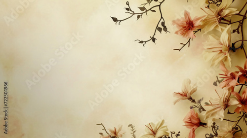 A corner bouquet of soft-hued flowers against a warm background. Copy space