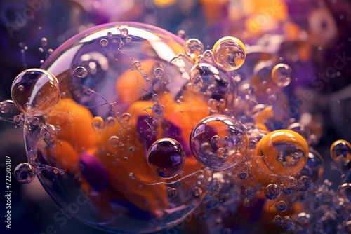 Concept image of abstract chemical bubbles. Beautiful chemical reactions, vivid colors, mixing chemicals and bubbles.