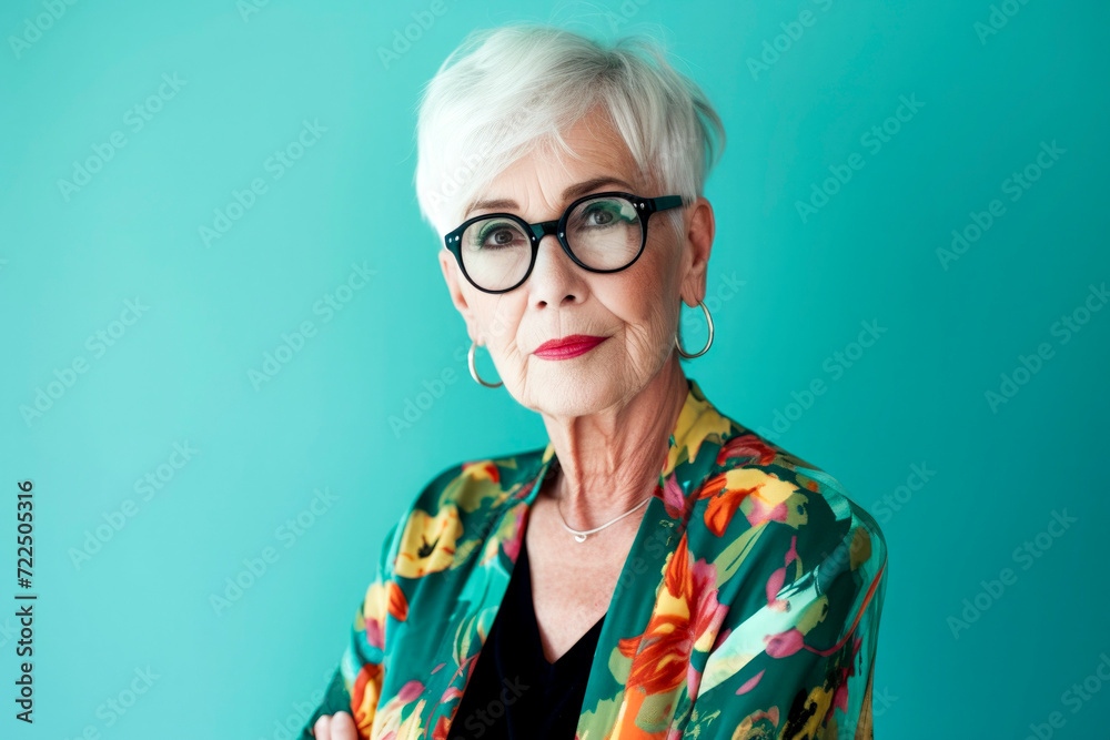 70 years old woman with short white hair, laughing happily on turquoise background,