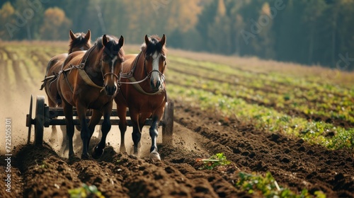  a couple of horses pulling a plow in the middle of a plowed field with trees in the background.