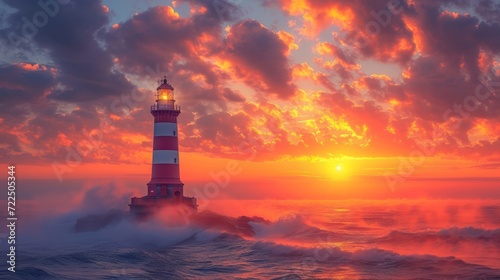  a red and white light house in the middle of a body of water with waves crashing in front of it.